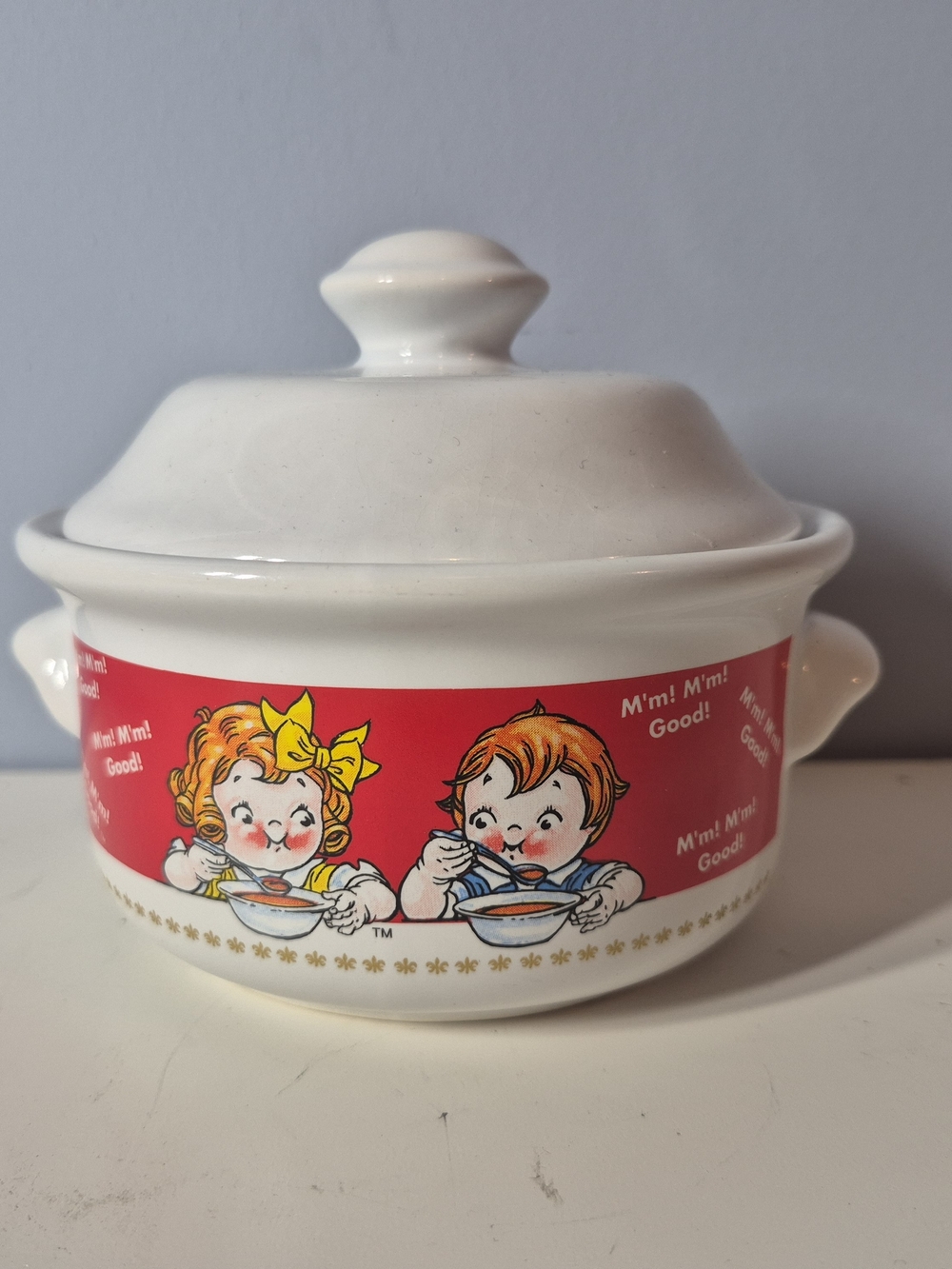Vintage 1998 Campbell's Soup Kids Crock Ceramic Lidded Bowl Houston Harvest